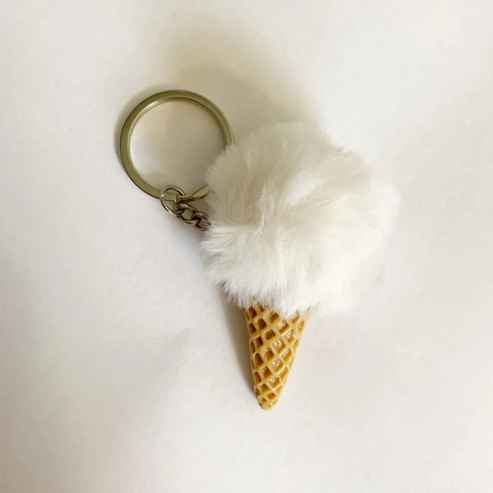 Fluffy White Puff Ice Cream Cone Mini Keychain Purse Charm